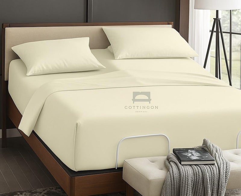 Cottingon Top Split King Sheets Set for Adjustable Bed - 4 Piece Sleep Number Bed Sheets - 100% Egyptian Cotton - 16 Inch Deep - 34 Split King - Ivory Solid - Image 1